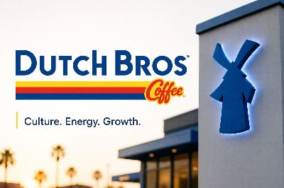Dutch Bros Coffee storefront sign with windmill logo at dusk, illustrating the brand's culture-led national growth strategy.