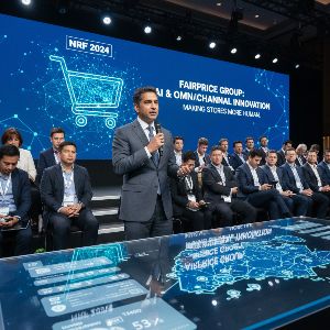 FairPrice CEO Vipul Chawla at NRF, discussing AI, omnichannel grocery retail innovation.