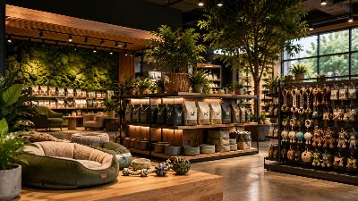 Interior of a modern pet retail store with wooden shelving, premium pet food bags, cushioned pet beds, hanging toys, and live plants under warm editorial lighting.