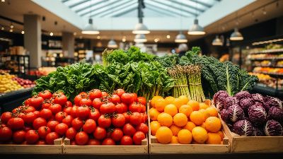 Abundant fresh produce display in a modern upscale supermarket - tomatoes, oranges, asparagus, spinach and radicchio under warm skylight