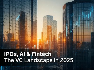 Financial district skyline at golden hour with digital stock chart overlays representing venture capital and IPO market trends in 2025