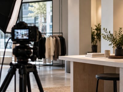 A camera and studio light set up inside a John Lewis-style retail space, with clothing rails and a styled product table in the background
