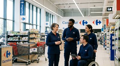 Diverse Carrefour employees in branded uniforms, including a colleague in a wheelchair, inside a Carrefour hypermarket.