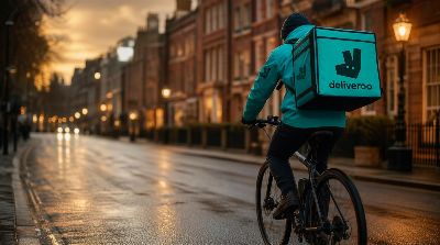 Deliveroo bicycle courier in teal jacket with branded thermal delivery backpack riding down a London street at golden hour
