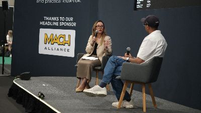 Ana Machado da Silva of Pentland Brands speaks with Shopify Field CTO Peyman Naeini on stage at Shoptalk Europe 2026 in Barcelona.
