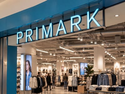 Illuminated Primark shopfront sign above the entrance to a brightly lit fashion store with clothing rails and mannequins inside