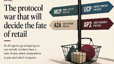 Editorial illustration of a wire shopping basket with a signpost showing four protocol arrows: MCP, UCP, A2A and AP2.