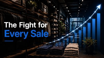 Editorial cover image -  The Fight for Every Sale - showing an upscale apparel store interior with a rising blue performance chart