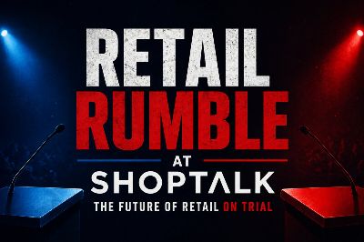 Retail Rumble at Shoptalk debate stage with red and blue podiums under spotlights