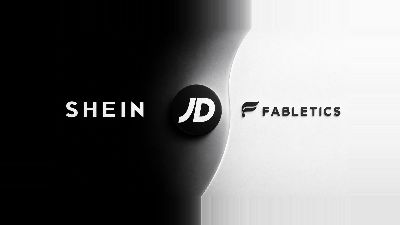 Shein, JD.com and Fabletics logos on a split black and white wall representing shifting international retail forces