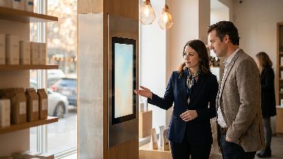 Vitamin Shoppe associate using a Shoppe Advisor touchscreen kiosk inside a flagship store, with Tecovas-style retail experience cues at Shoptalk 2026