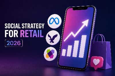 Social media strategy for retail in 2026 illustration with Meta, American Eagle and Wayfair logos around a smartphone showing rising engagement