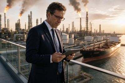 Senior economist in a navy suit reviews data on a tablet on a walkway overlooking an oil refinery and crude oil tanker at sunset.
