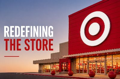 Target storefront with bullseye logo at dusk and the words Redefining the Store