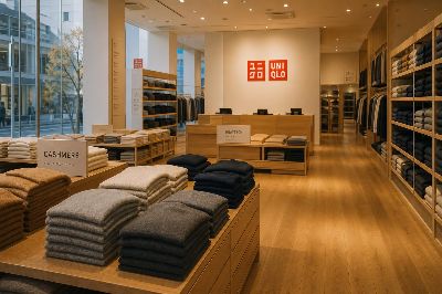 Interior of a UNIQLO flagship store in Tokyo with neatly folded cashmere and HEATTECH garments on light oak display tables, warm overhead lighting and the red UNIQLO logo on the back wall.