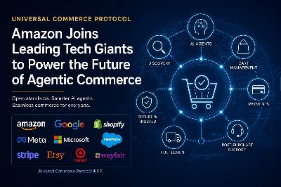 Universal Commerce Protocol diagram showing Amazon, Google, Shopify, Meta, Microsoft, Salesforce, Stripe, Etsy, Target and Wayfair logos around an AI-powered shopping cart connected to discovery, cart, payments, fulfillment and post-purchase nodes.