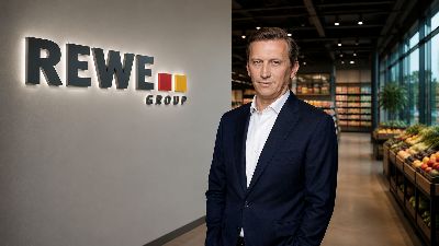REWE Group CEO Lionel Souque standing in front of the REWE Group logo inside a modern supermarket