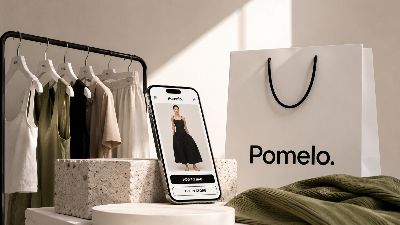 Pomelo mobile-first fashion retail concept showing a smartphone storefront next to a branded shopping bag and clothing rack.