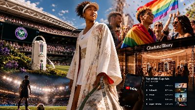 Collage of Wimbledon, Naomi Osaka in a white kimono, Pride crowd, Charlotte Tilbury store at Boots and Top World Cup Ads leaderboard