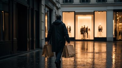 A customer in a dark raincoat walks away from a dim boutique carrying shopping bags toward a brighter competing store across a rain-slick city shopping street.