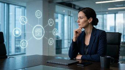 Executive in a navy suit at a dark conference room desk with a tablet, looking at a glowing AI ecosystem diagram of retail icons - illustrating how AI models form opinions of brands.