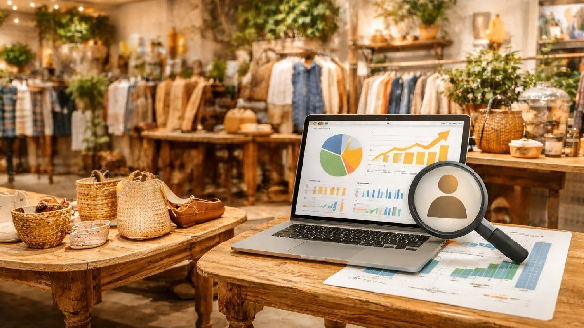 Laptop displaying retail analytics charts and customer data on a wooden table inside a boutique clothing store